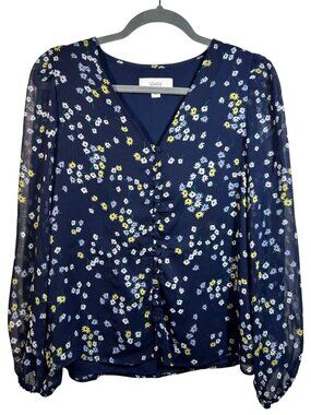 CeCe Navy Floral Print Sheer Long Sleeve Blouse With Button Front & Elastic Cuff
